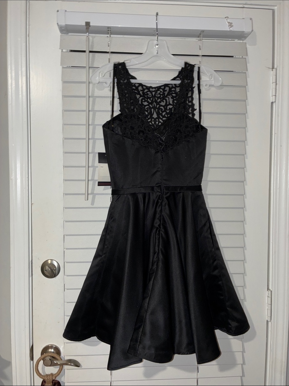 La Femme Black Lace-Inset Satin Mini Dress - Picture 8 of 8